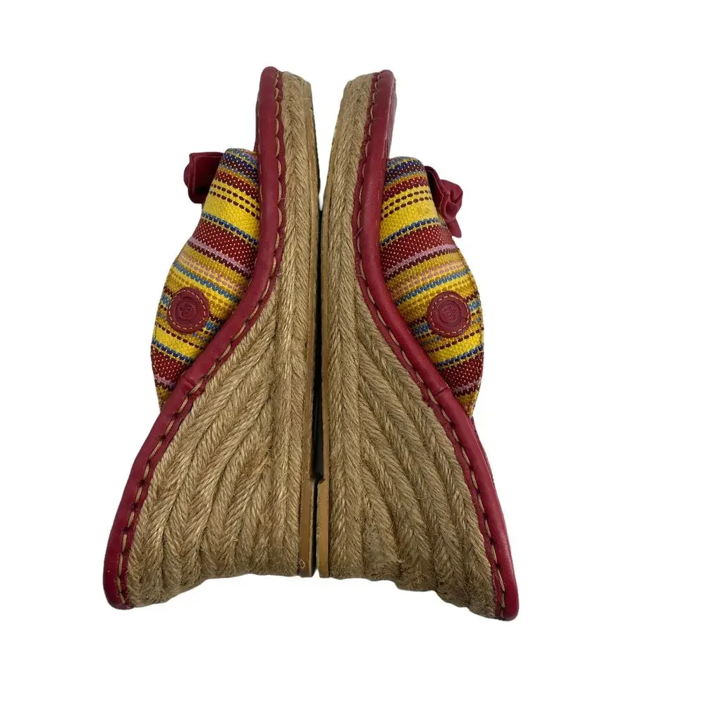 BORN Drilles 8 / 39 Striped Espadrilles Wedge Mule Open Toe Red Bow W5850